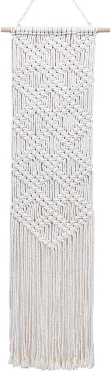 Macramé Wall Hanging – Boho Chic Handmade Woven Tapestry, Modern Rustic Wall Art for Apartment, Dorm, Bedroom, or Nursery, 10" W x 39" L, Off-White